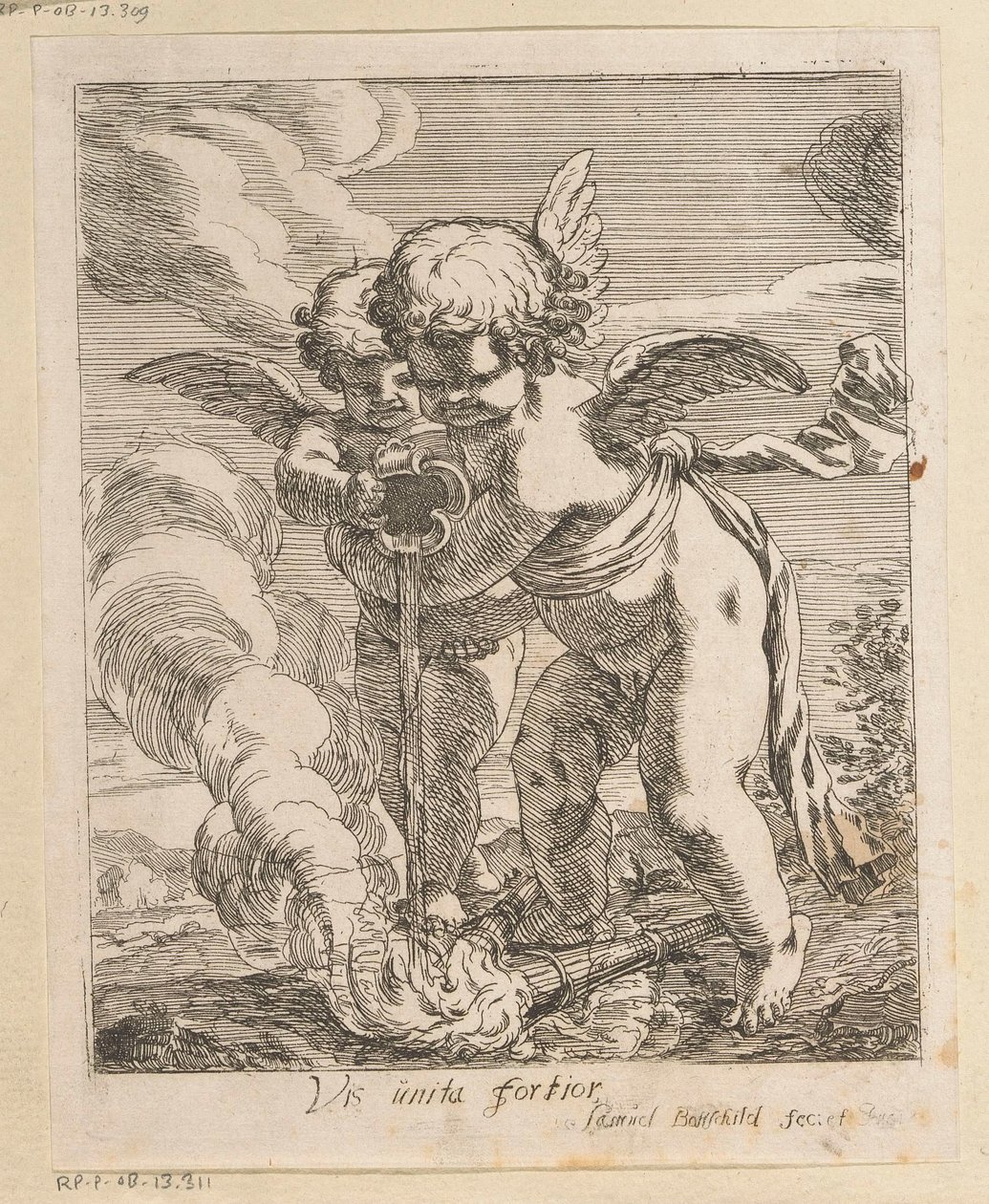 Deux putti éteignant des torches
Vis unita fortior (titre sur l
