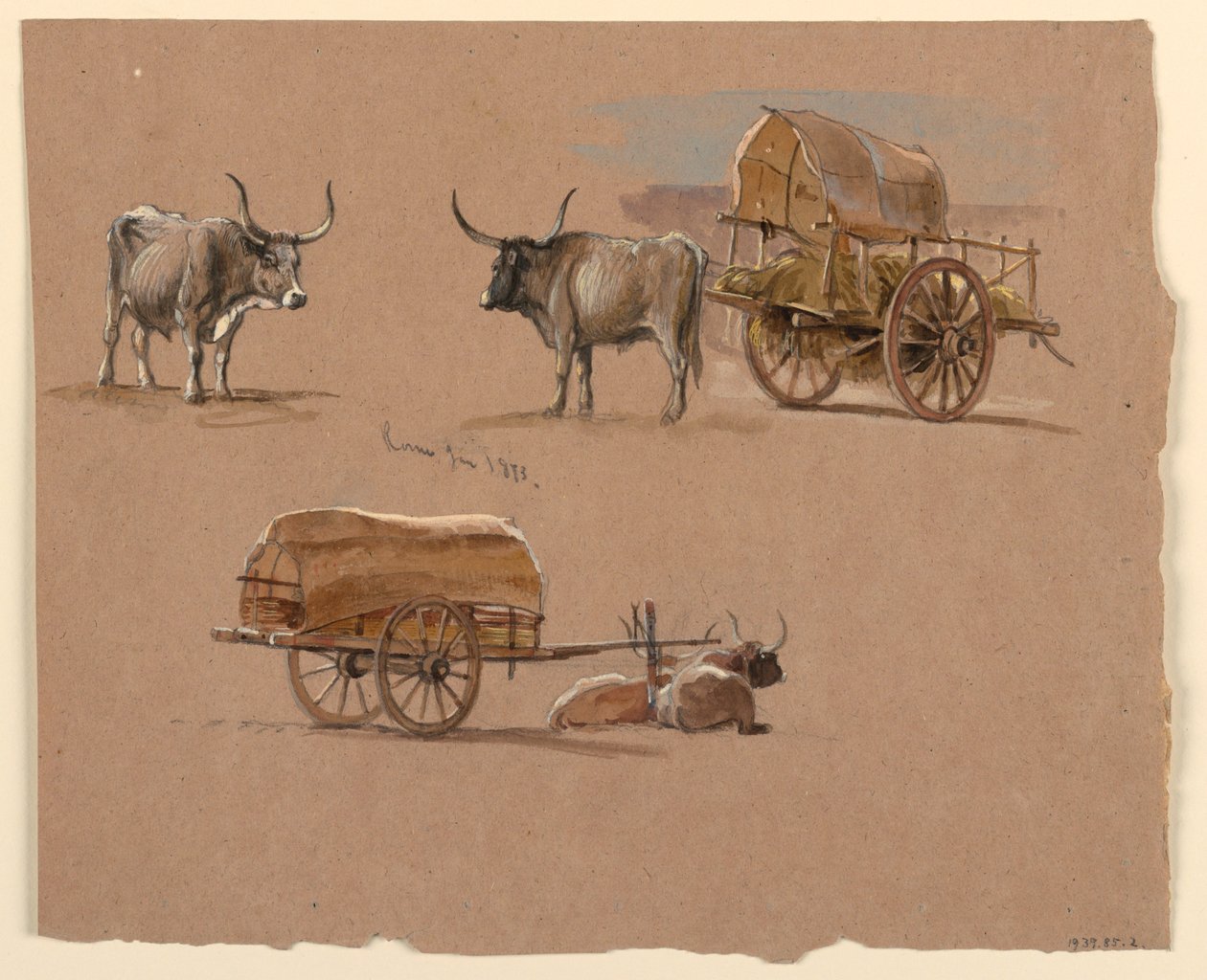 Dessin, chars à bœufs, Rome, Italie, janvier 1873 - Samuel Colman
