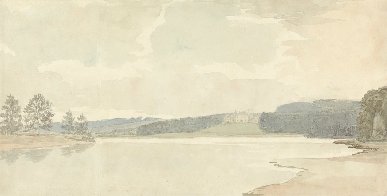 Scène de rivière avec une maison de campagne au loin - Samuel Davis