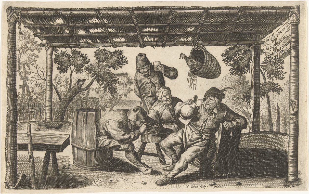 Trois paysans buvant et fumant dans une grange - Samuel Donnet