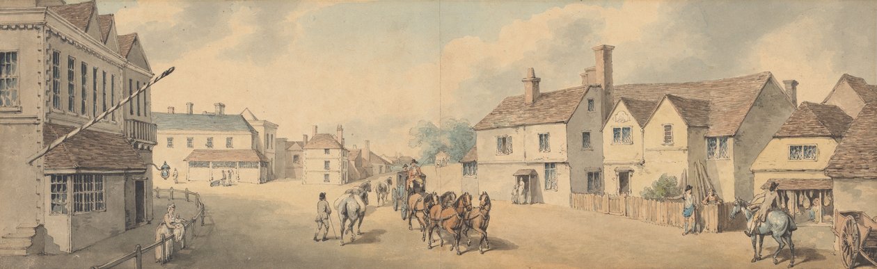 Une voiture à quatre chevaux traversant Chippenham, Wiltshire - Samuel Howitt