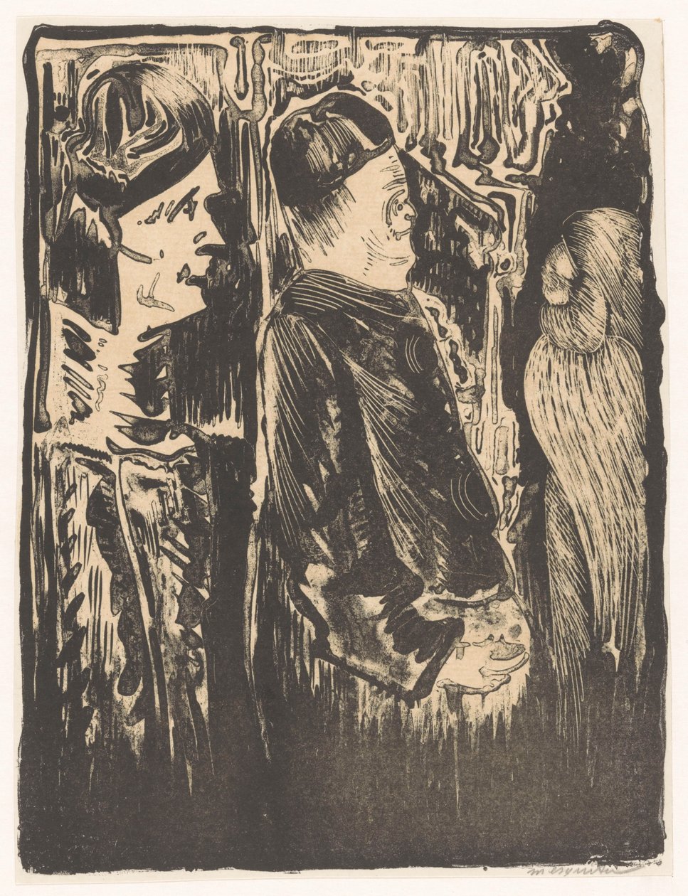 Fantaisie : à gauche deux figures avec des bonnets, à droite une apparition gravée avec plumage - Samuel Jessurun de Mesquita (signed by artist)