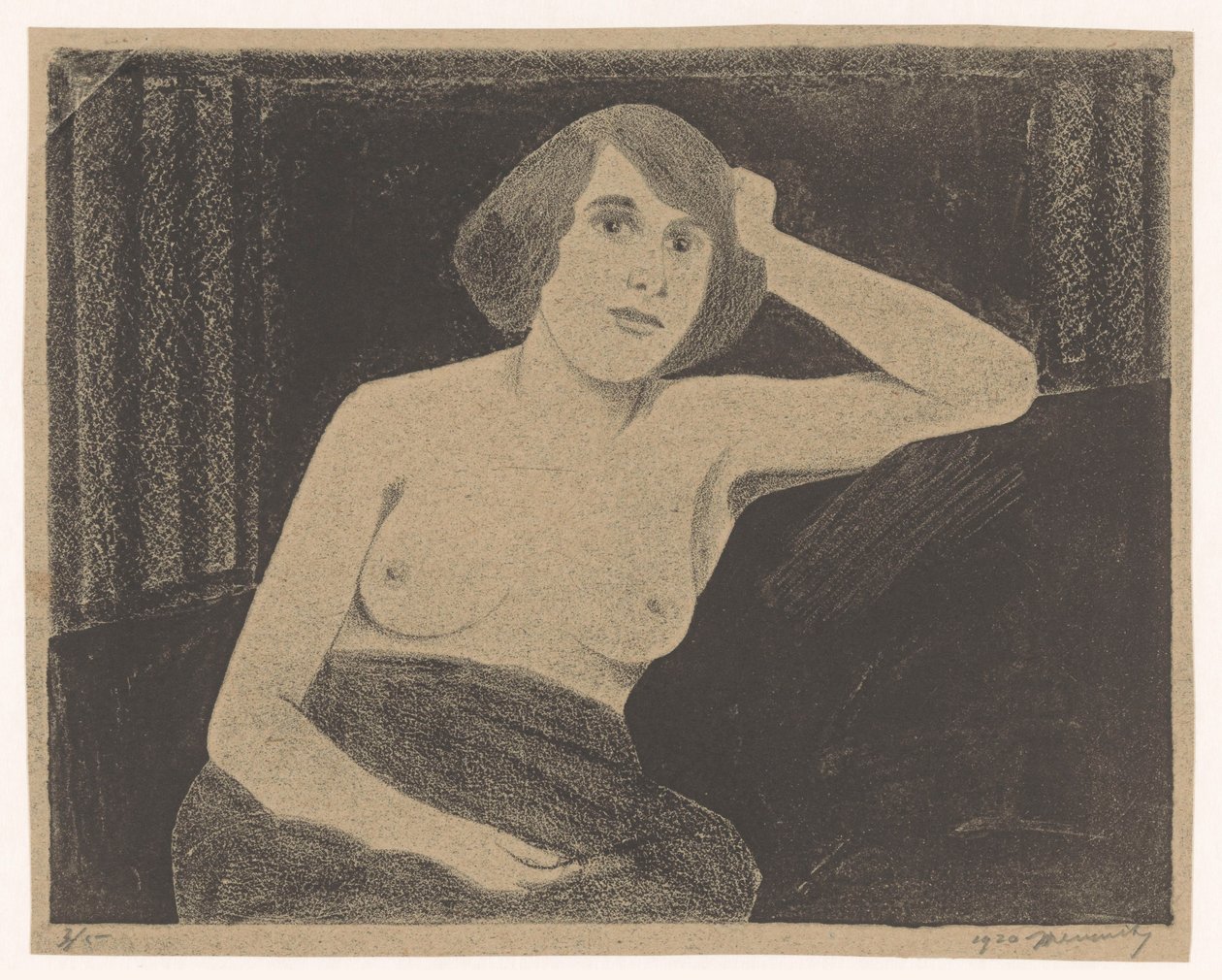 Femme nue assise sur un banc, la main contre la tête - Samuel Jessurun de Mesquita (signed by artist)