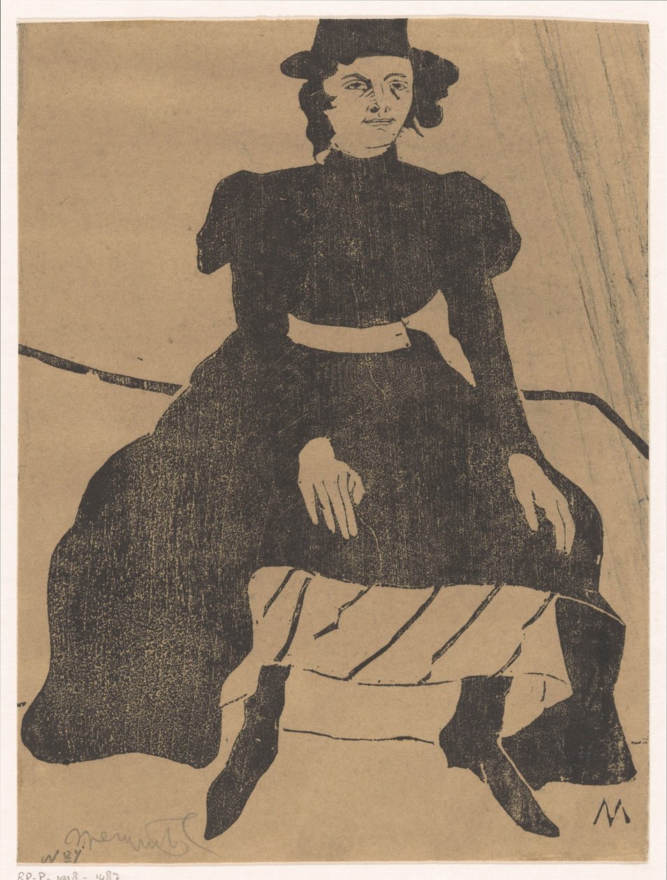 Femme assise avec un chapeau et une robe noire, les mains sur les genoux - Samuel Jessurun de Mesquita (signed by artist)