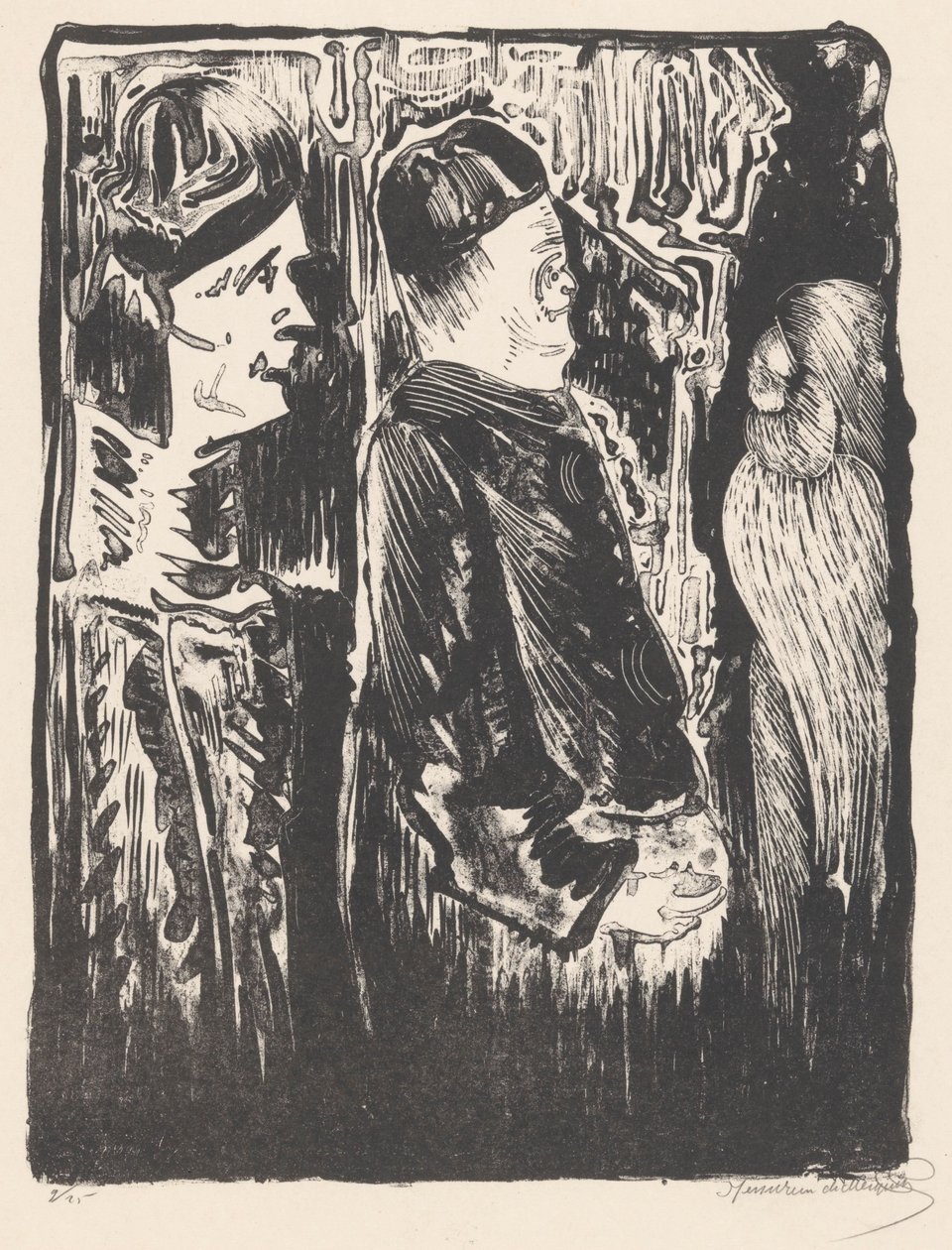 Fantaisie : à gauche deux figures avec des bonnets vers la droite, à droite une apparition gravée avec un plumage - Samuel Jessurun de Mesquita