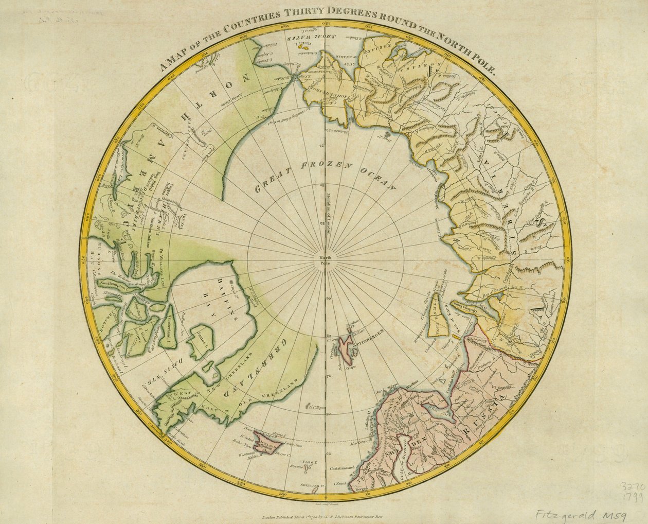 Carte des pays à trente degrés autour du pôle Nord, de 