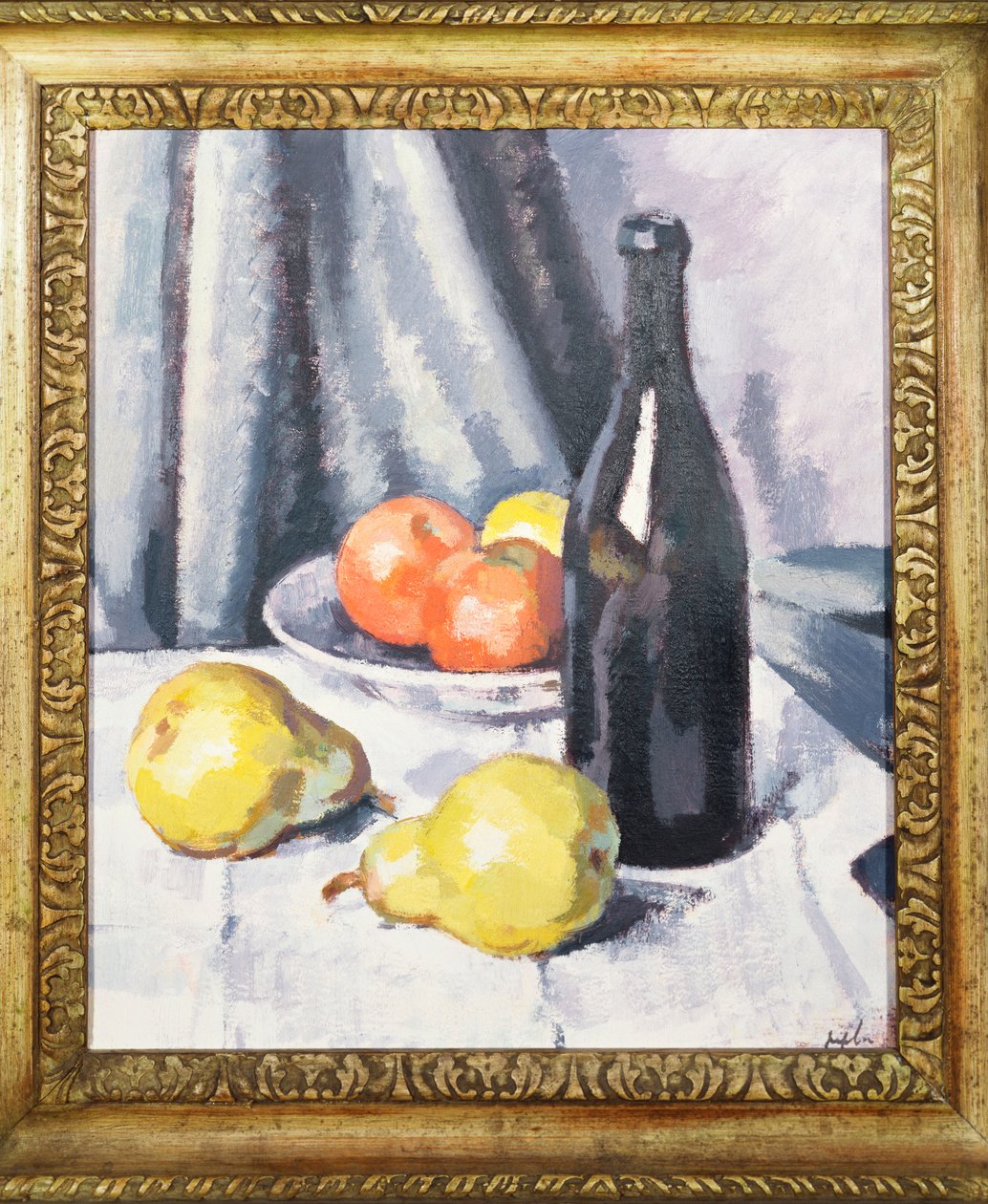 Pommes, poires et une bouteille noire sur une table drapée, c.1928 - Samuel John Peploe