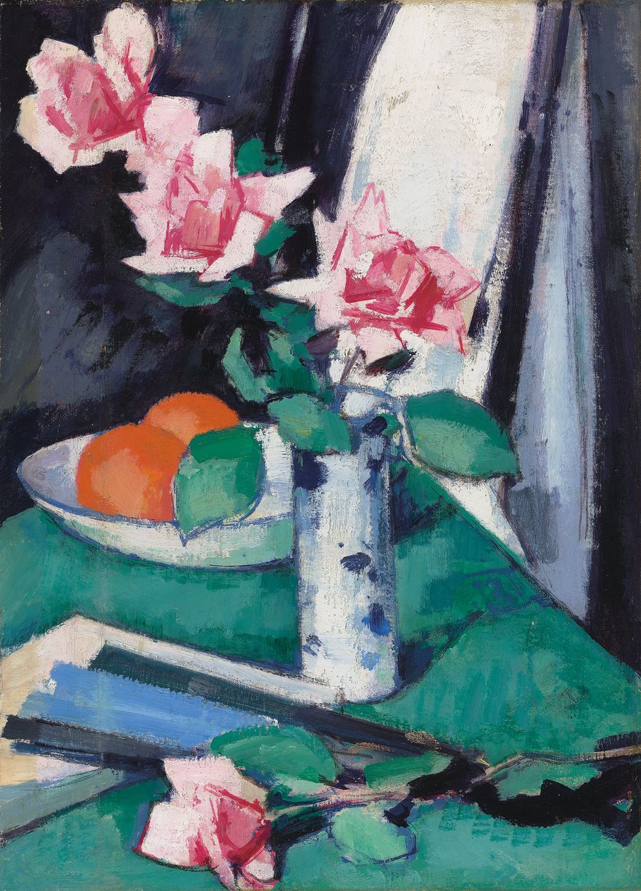Nature morte avec roses roses et oranges dans un vase bleu et blanc - Samuel John Peploe