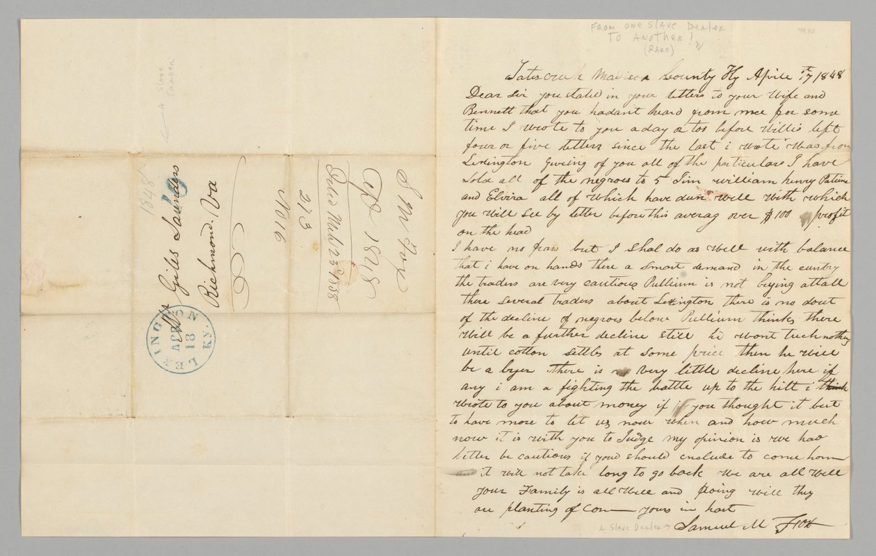 Lettre à Giles Saunders de Samuel M. Fox concernant la traite des esclaves, 17 avril 1848 - Samuel M. Fox