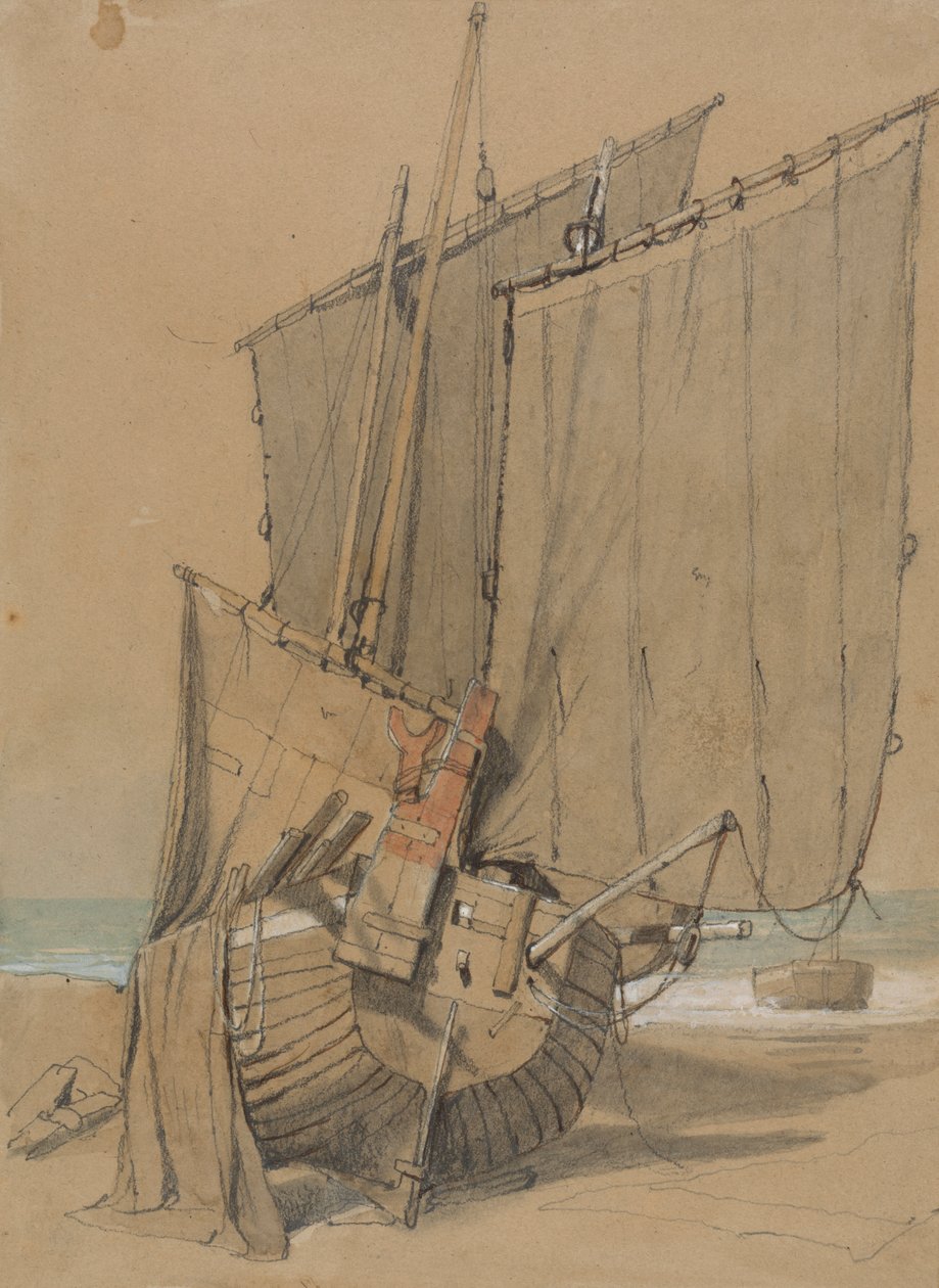 Bateaux de pêche sur la plage avec voiles séchant - Samuel Prout