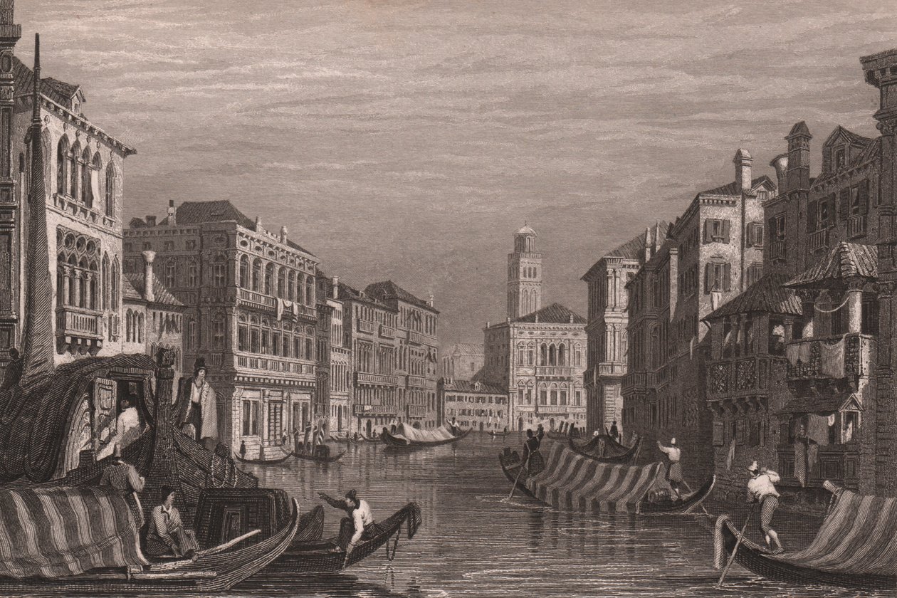 Gondoles sur le Grand Canal, Venise, Vénétie, Italie, gravure sur acier d
