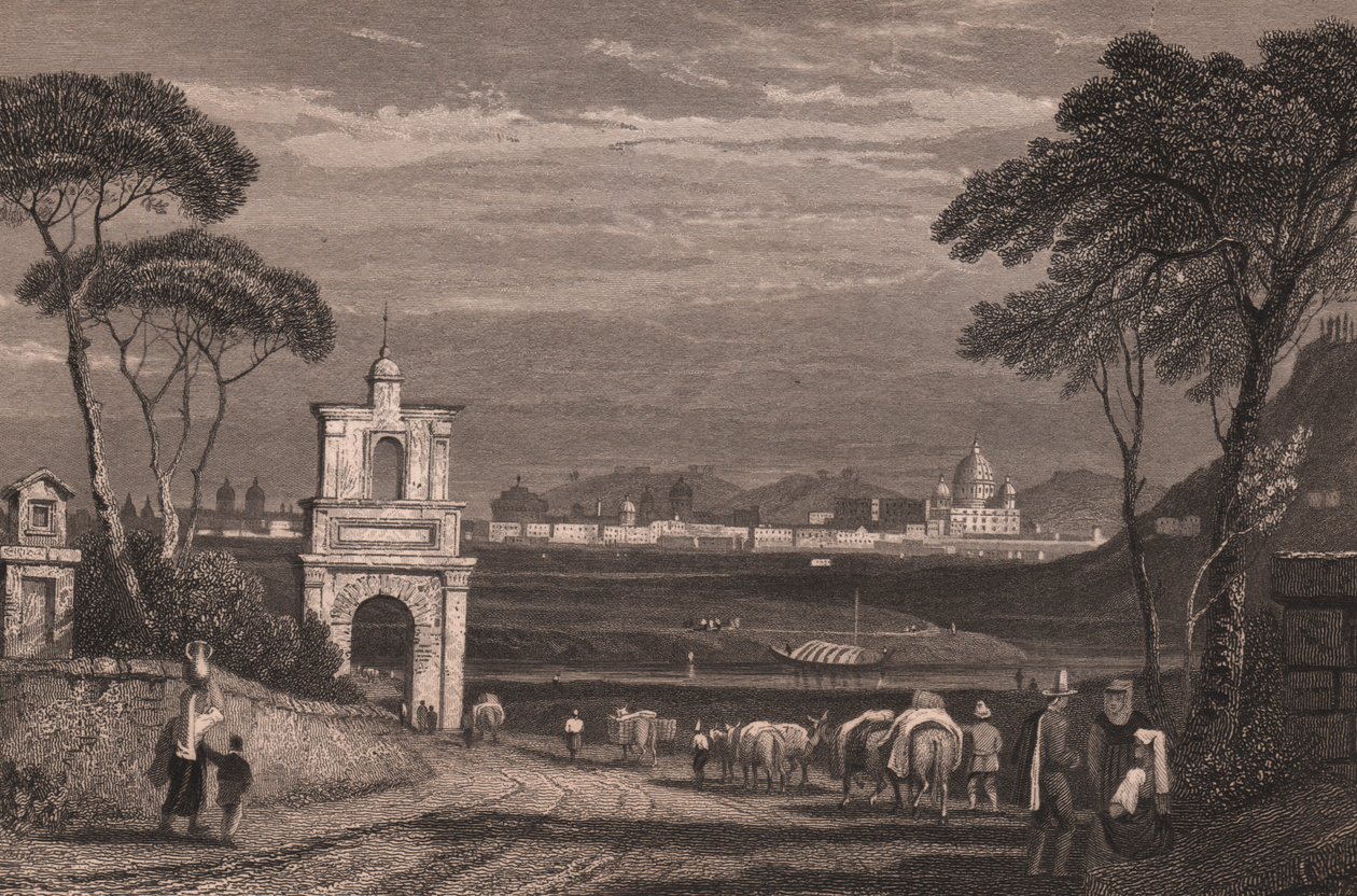 Rome avec le dôme de la basilique Saint-Pierre à droite, Latium, Italie (gravure sur acier d