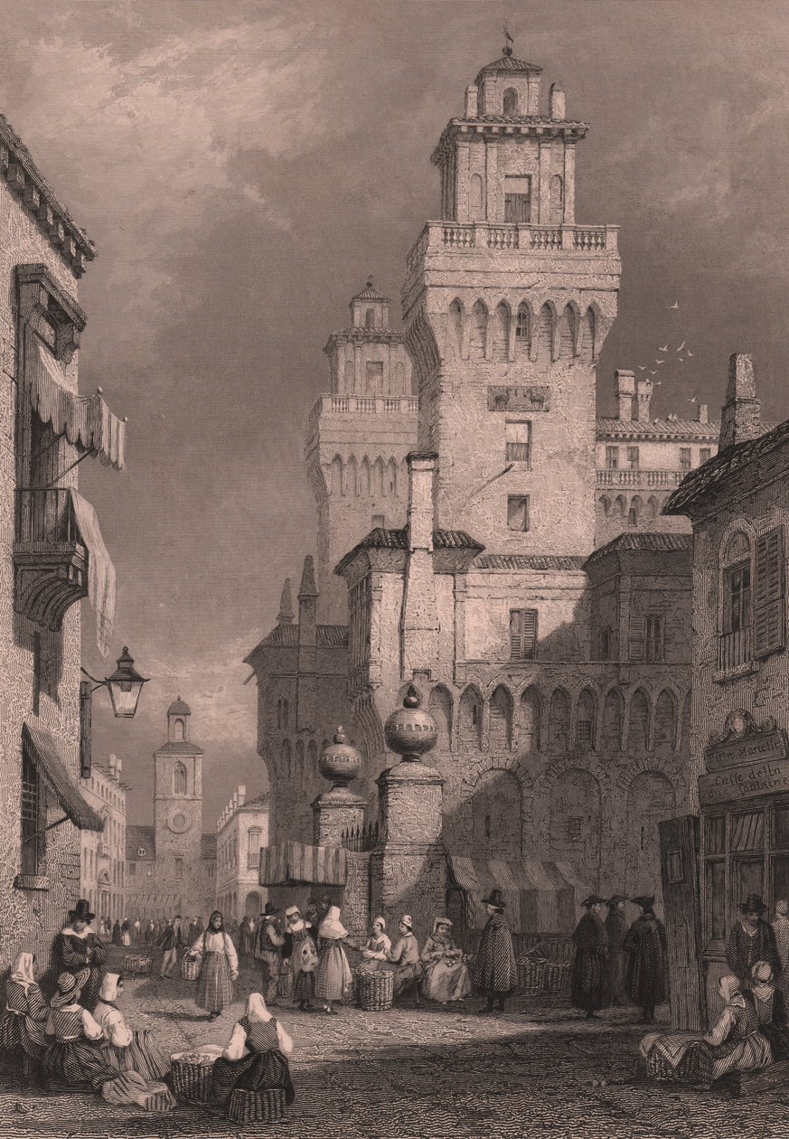 Vue du Castello Estense, Ferrare, Émilie-Romagne, Italie, gravure sur acier par John Godfrey d