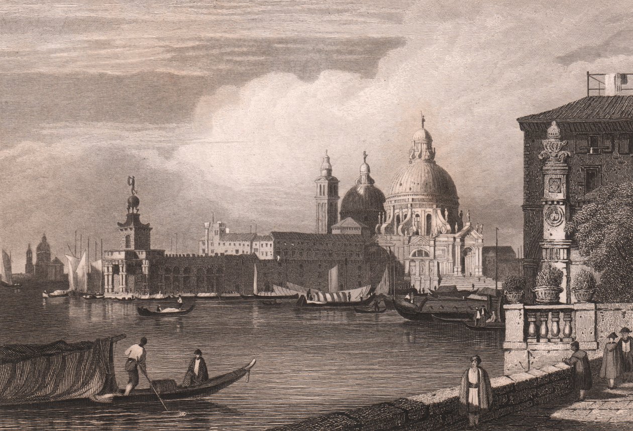 Vue du Grand Canal avec Punta della Dogana et la Basilique Santa Maria della Salute en arrière-plan, Venise, Vénétie, Italie, gravure sur acier d