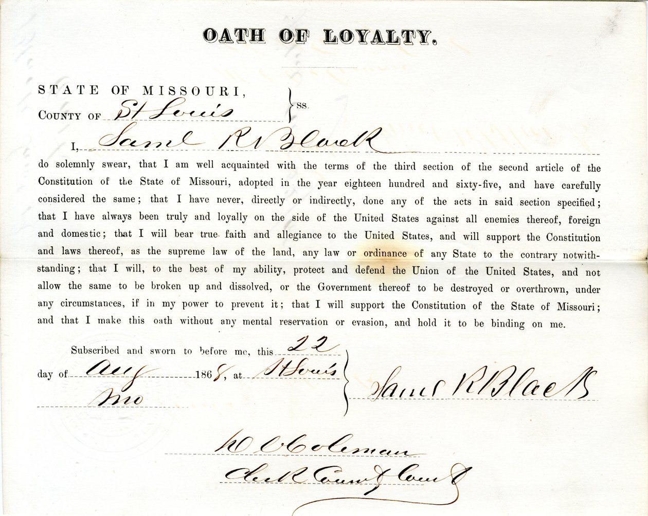Serment de loyauté de Samuel R. Black du Missouri, Comté de St. Louis - Samuel R. Black