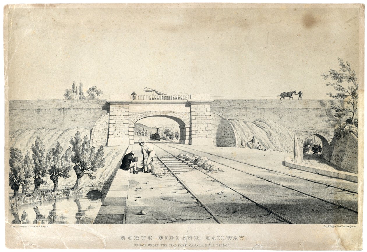 Pont du chemin de fer North Midland sous le canal de Cromford à Bull Bridge vers 1840 - Samuel Russell