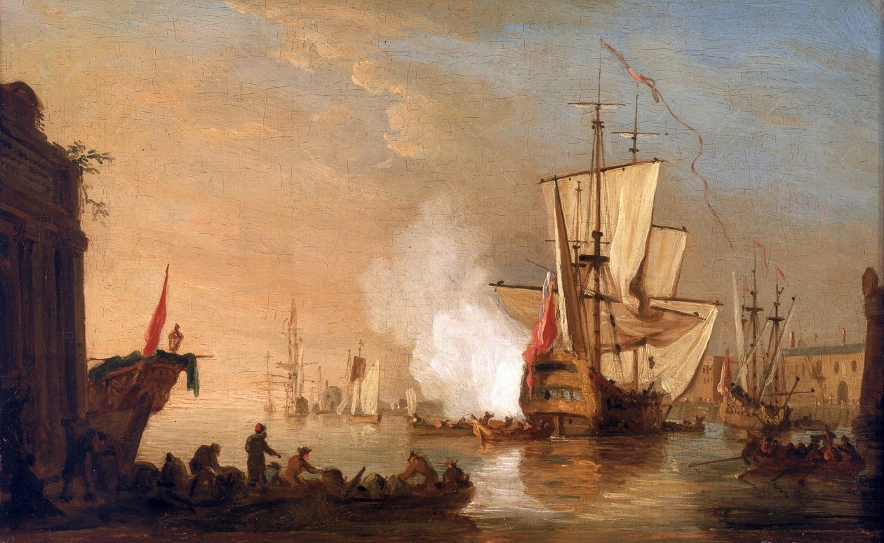 Navire de guerre britannique tirant le canon pour saluer, à son arrivée au port, dont les bâtiments évoquent un port de la mer Méditerranée. Huile sur toile, vers 1765, par Samuel Scott - Samuel Scott