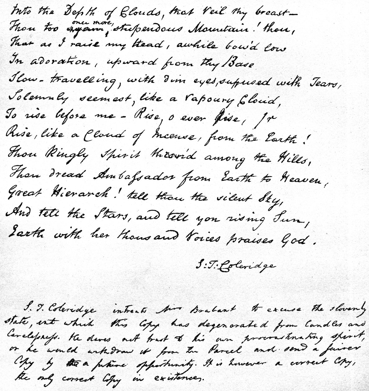 Dernières lignes du poème Hymne avant le lever du soleil dans la vallée de Chamouny de Coleridge, écrites de la main du poète et envoyées dans une lettre à Mme Brabant de Devizes, 1815 - Samuel Taylor Coleridge