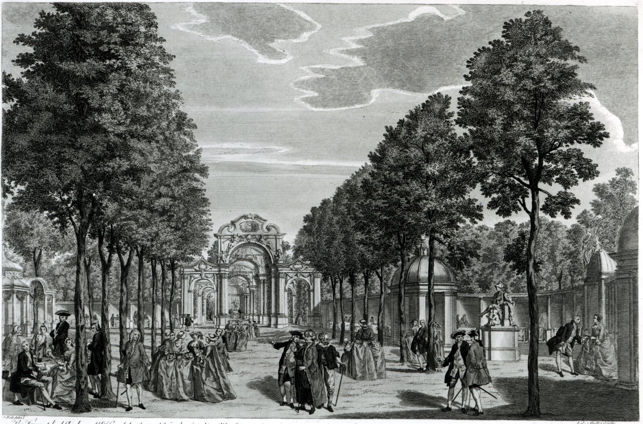 Les Arches Triomphales, Statue de Handel dans le South Walk des jardins de Vauxhall, gravé par John S. Muller - Samuel Wale