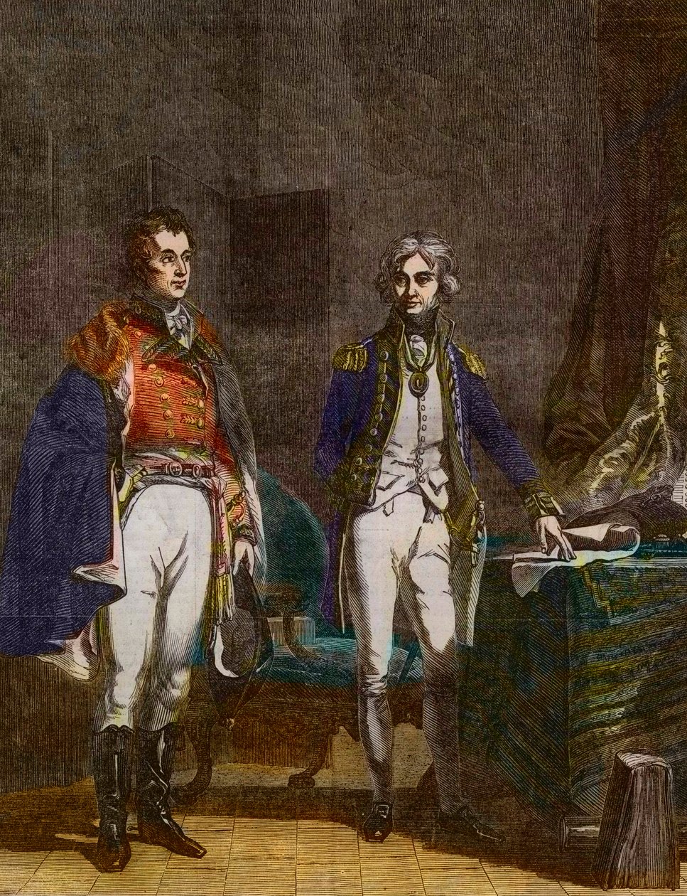 Une rencontre entre le major-général Sir Arthur Wellesley (duc de Wellington) et le vice-amiral Horatio Nelson, septembre 1805, gravée par Samuel William Reynolds (1794-1872) d