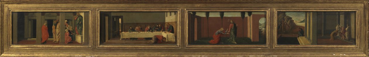 Scènes de la vie de Marie-Madeleine (quatre panneaux de prédelle - a. Christ enseignant; b. festin dans la maison de Simon; c. Noli me Tangere; d. derniers moments de la Madeleine) - Sandro (after) Botticelli