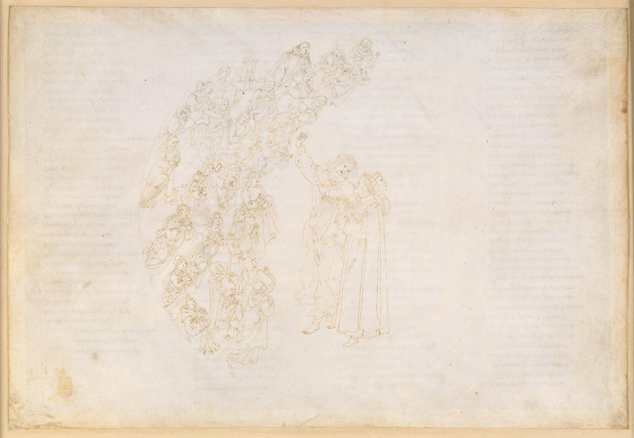 La Divine Comédie, Paradis III. Première sphère planétaire (ciel lunaire) : apparition des âmes qui, autrefois, ont été empêchées d’accomplir un vœu ; conversation entre Dante et Piccarda Donati - Sandro Botticelli