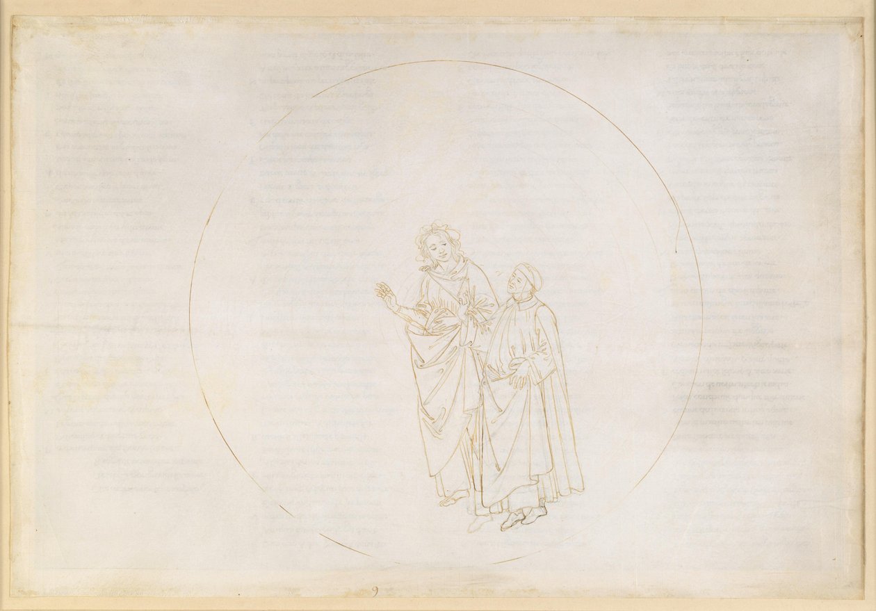 La Divine Comédie, Paradis IX. Troisième sphère planétaire (ciel de Vénus) : Cunizza de Romano et Folquet de Marseille expliquent à Dante la nature de leur étoile - Sandro Botticelli