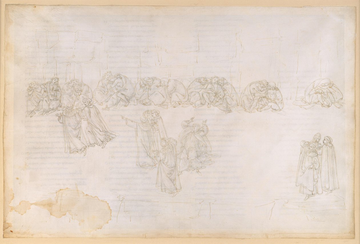 La Divine Comédie, Purgatoire XIII. Deuxième cercle du Purgatoire : pénitence pour la jalousie et la schadenfreude ; entretien avec Sapia Salvani - Sandro Botticelli