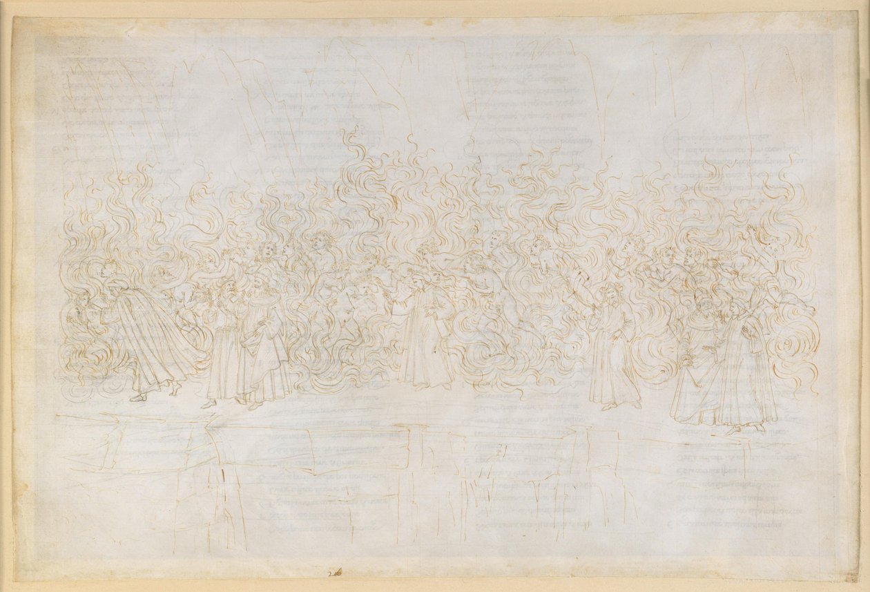 La Divine Comédie, Purgatoire XXVI. Septième cercle du Purgatoire : la pénitence des luxurieux ; conversation entre Dante et Guido Guinizelli - Sandro Botticelli