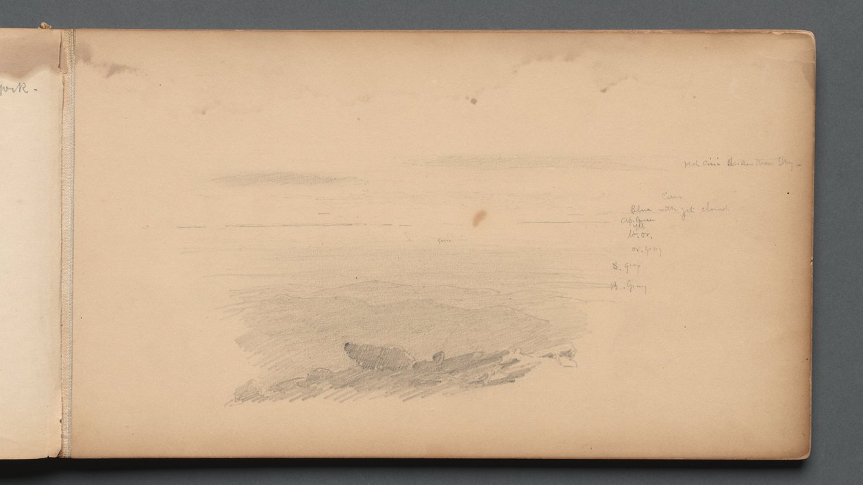 Carnet de croquis, page 04 : Paysage marin avec annotations de couleur - Sanford Robinson Gifford
