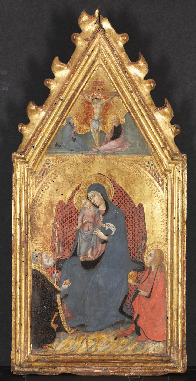 Vierge et Enfant adorés par les saints Marie Madeleine et Nicolas de Bari, Christ crucifié..., 1400s - Sano di Pietro