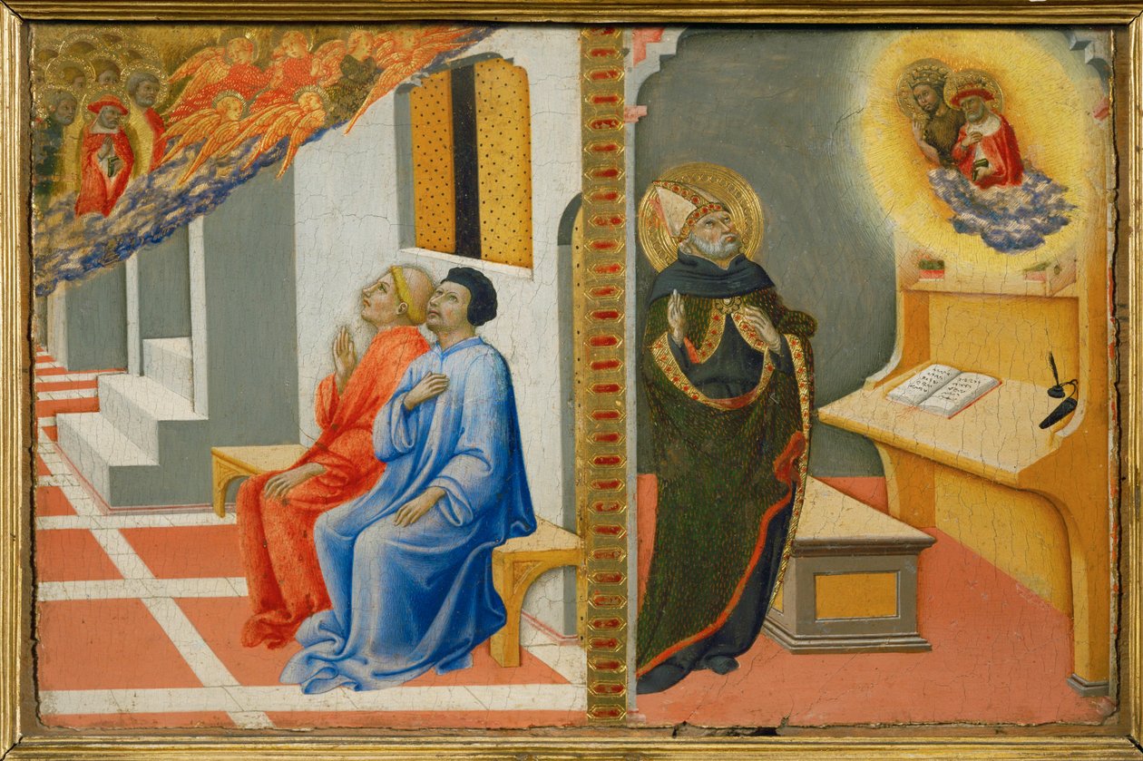 Après sa mort, saint Jérôme apparaît à Sulpice Severius, puis à saint Augustin, en compagnie de saint Jean-Baptiste ... - Sano di also Ansano di Pietro di Mencio Pietro