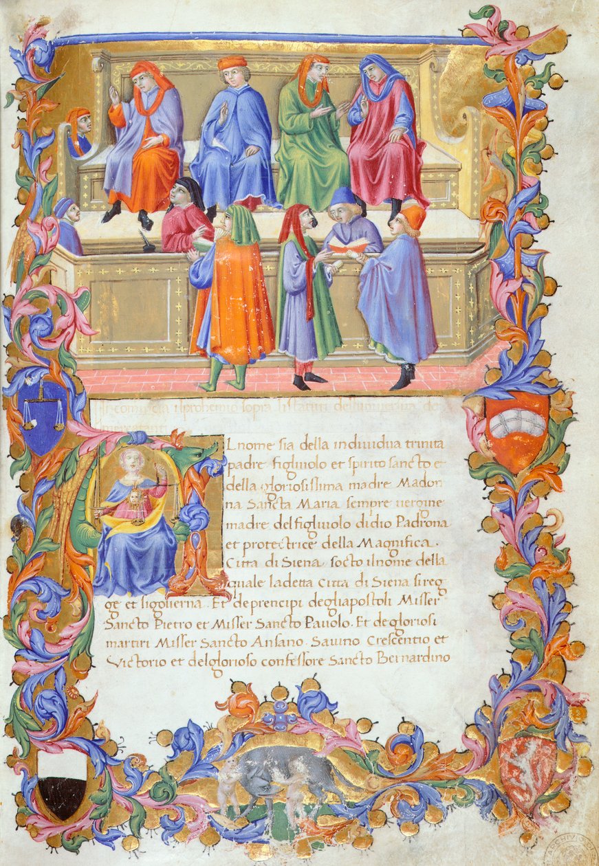 Le Tribunale della Mercanzia, miniature des Statuts des Marchands no 6 par Sano di Pietro - Sano di also Ansano di Pietro di Mencio Pietro