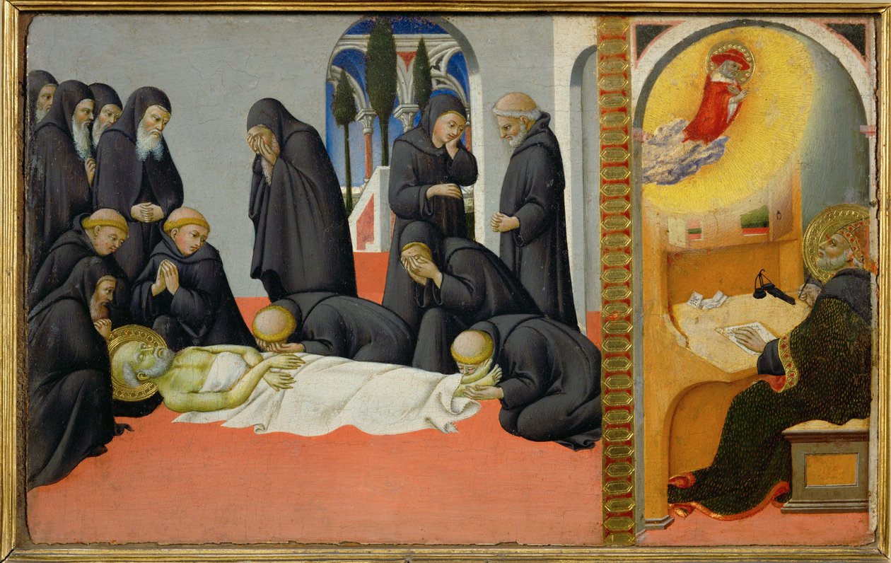 La mort de saint Jérôme parmi ses disciples : il apparaît à saint Cyrille, évêque de Jérusalem ... - Sano di also Ansano di Pietro di Mencio Pietro