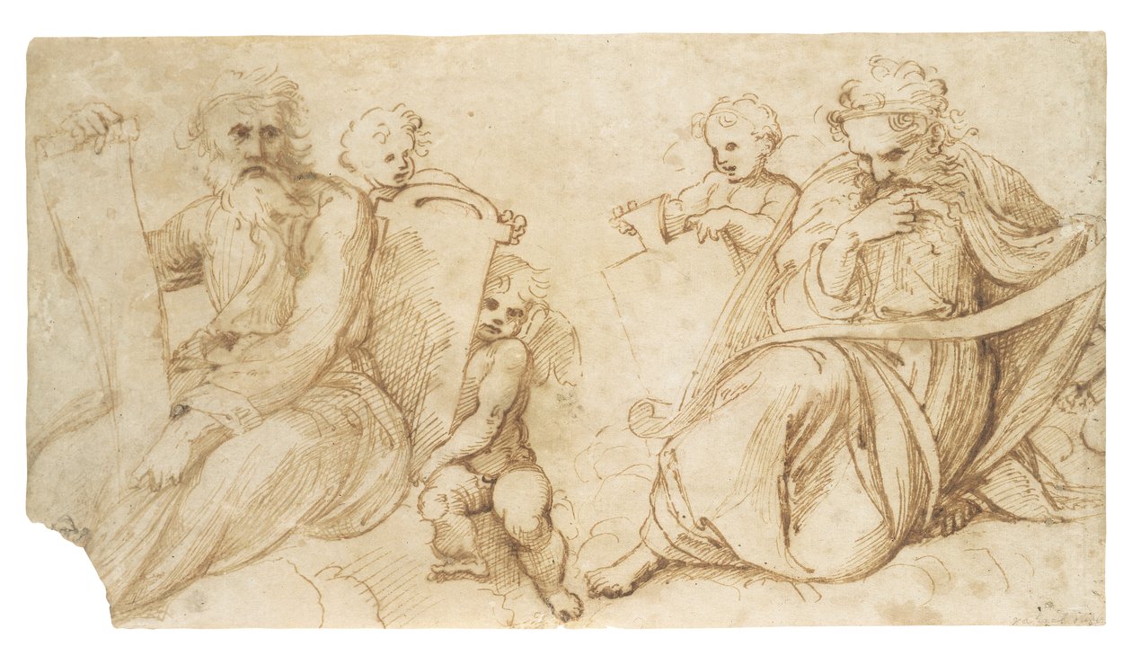 Deux prophètes avec des rouleaux assis avec des putti tenant des tablettes - Sanzio of Urbino Raphael