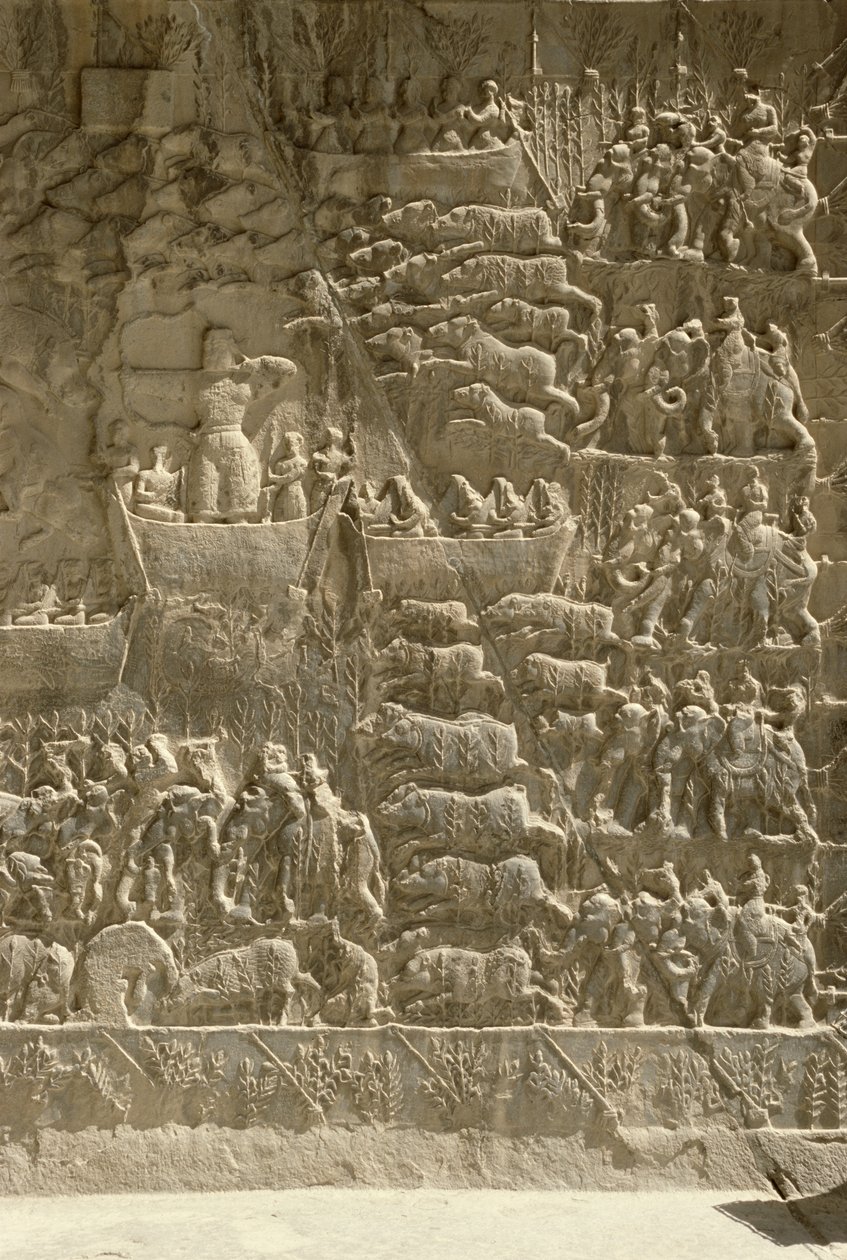 Une chasse royale au sanglier, représentant peut-être Khosrow II tirant une flèche depuis un bateau, relief du côté des aivans, vers 620 - Sasanian School