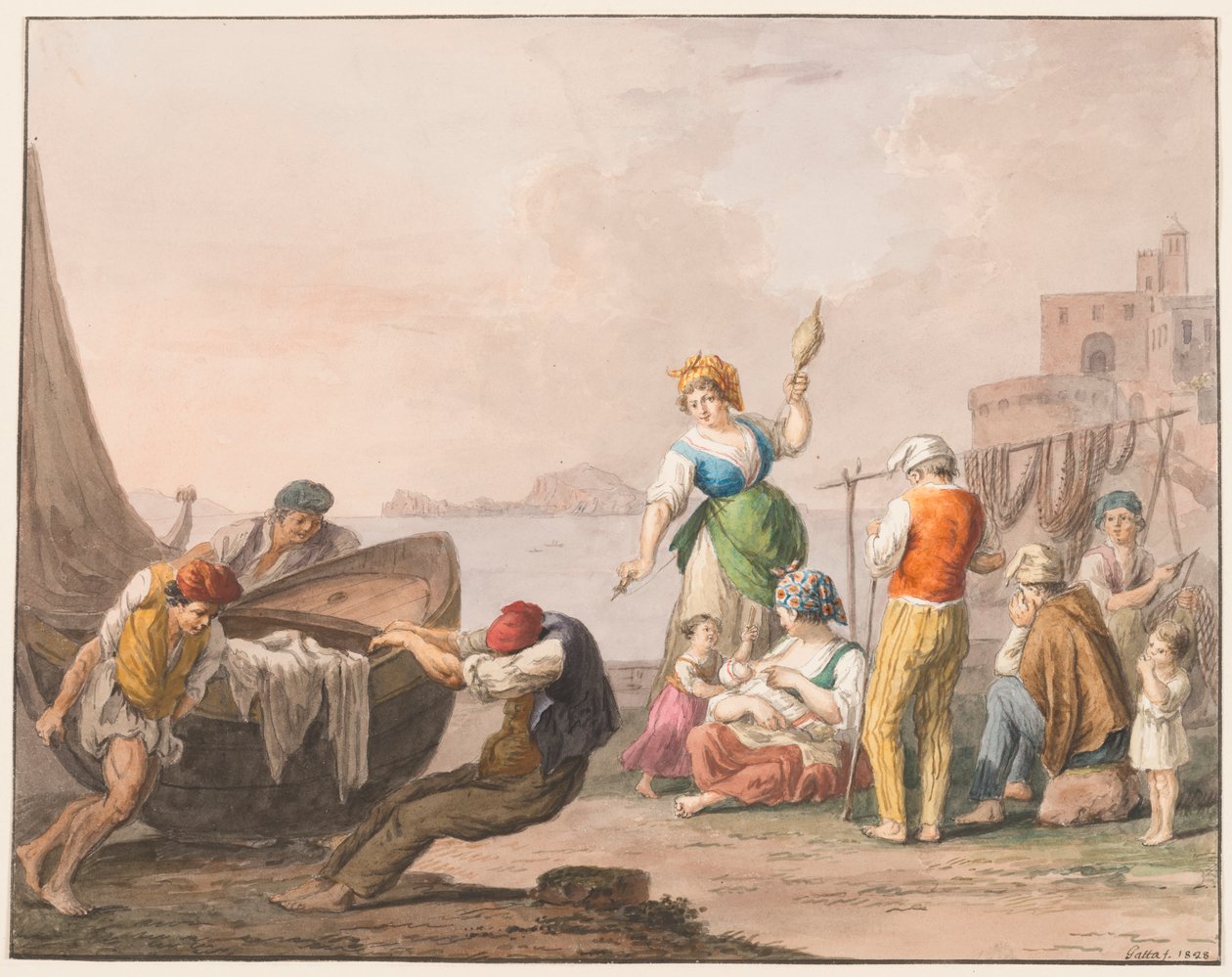 Aquarelle ; Sur le rivage à Chiaja - Saverio della Gatta