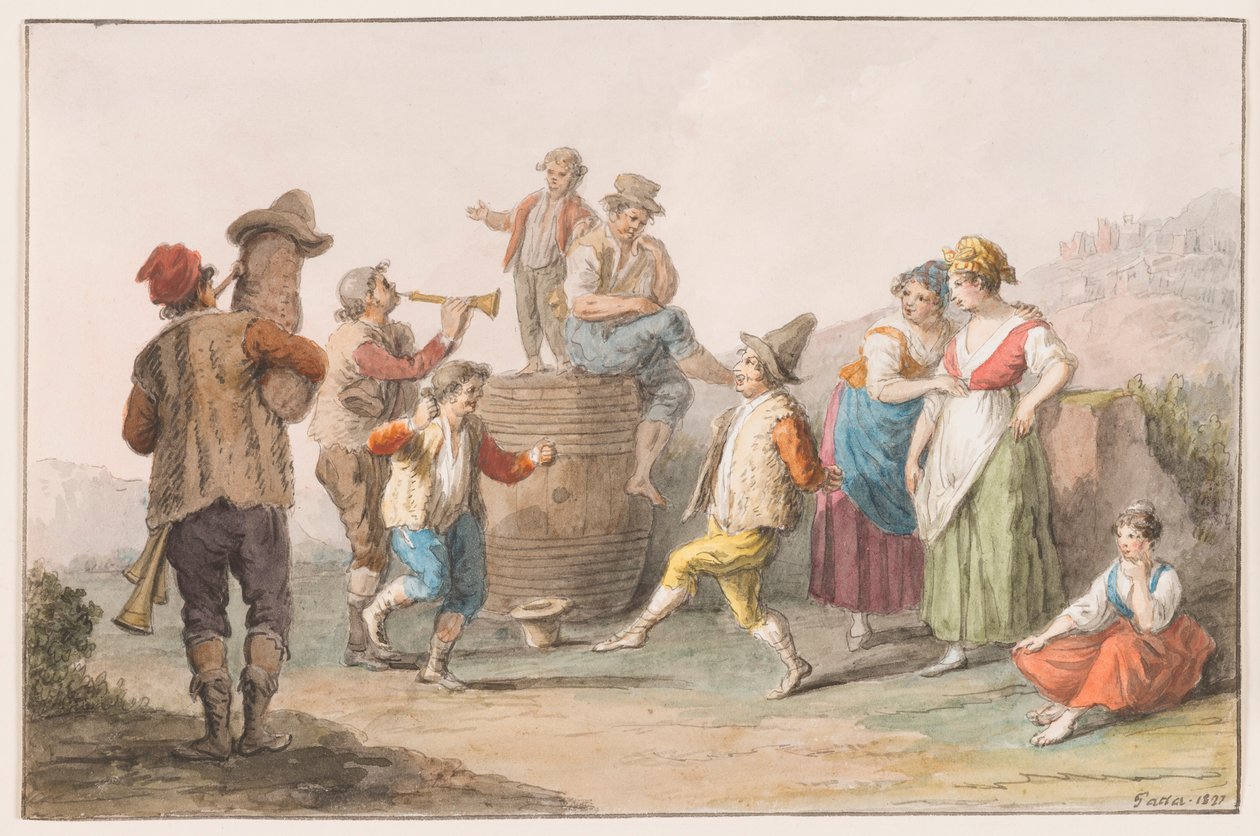 Deux paysans dansant au son de la cornemuse et du cor - Saverio della Gatta