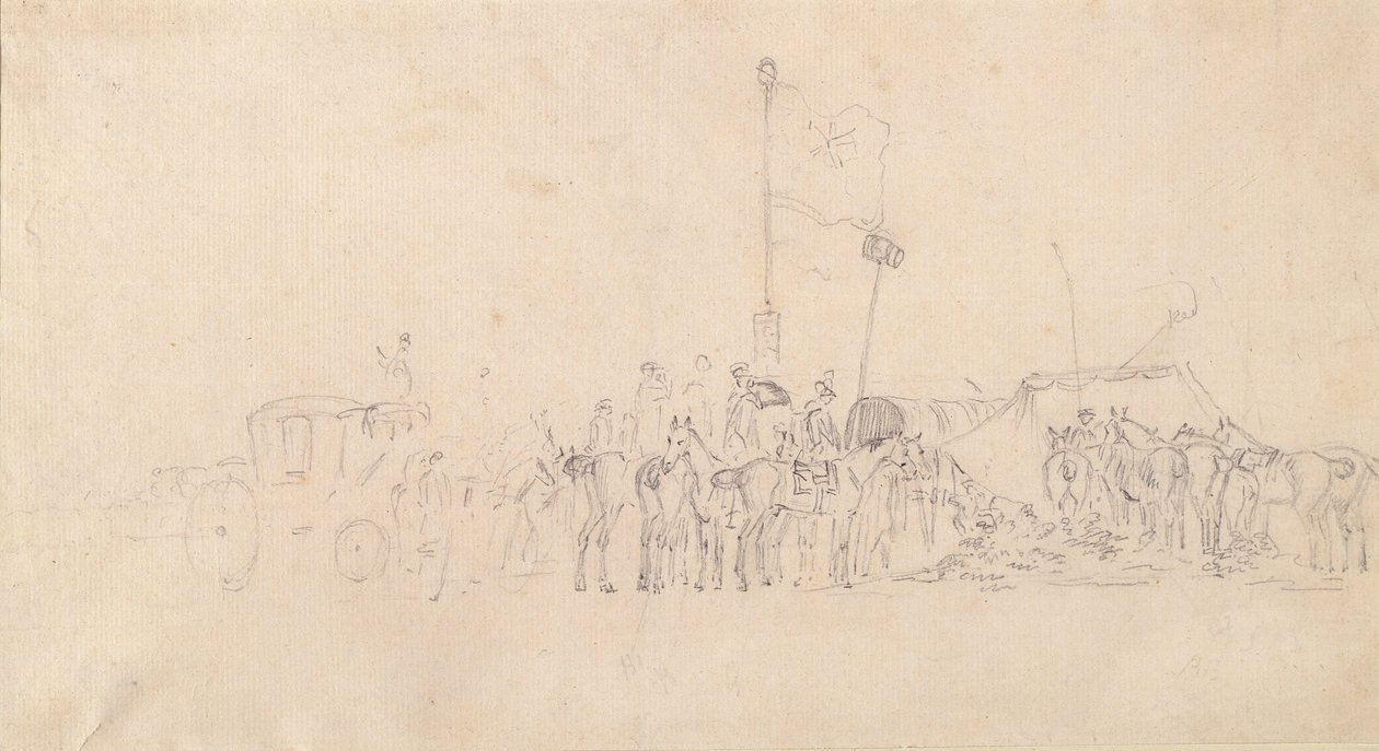 Rassemblement de cavaliers avec carrosse, tentes et drapeaux - Sawrey Gilpin