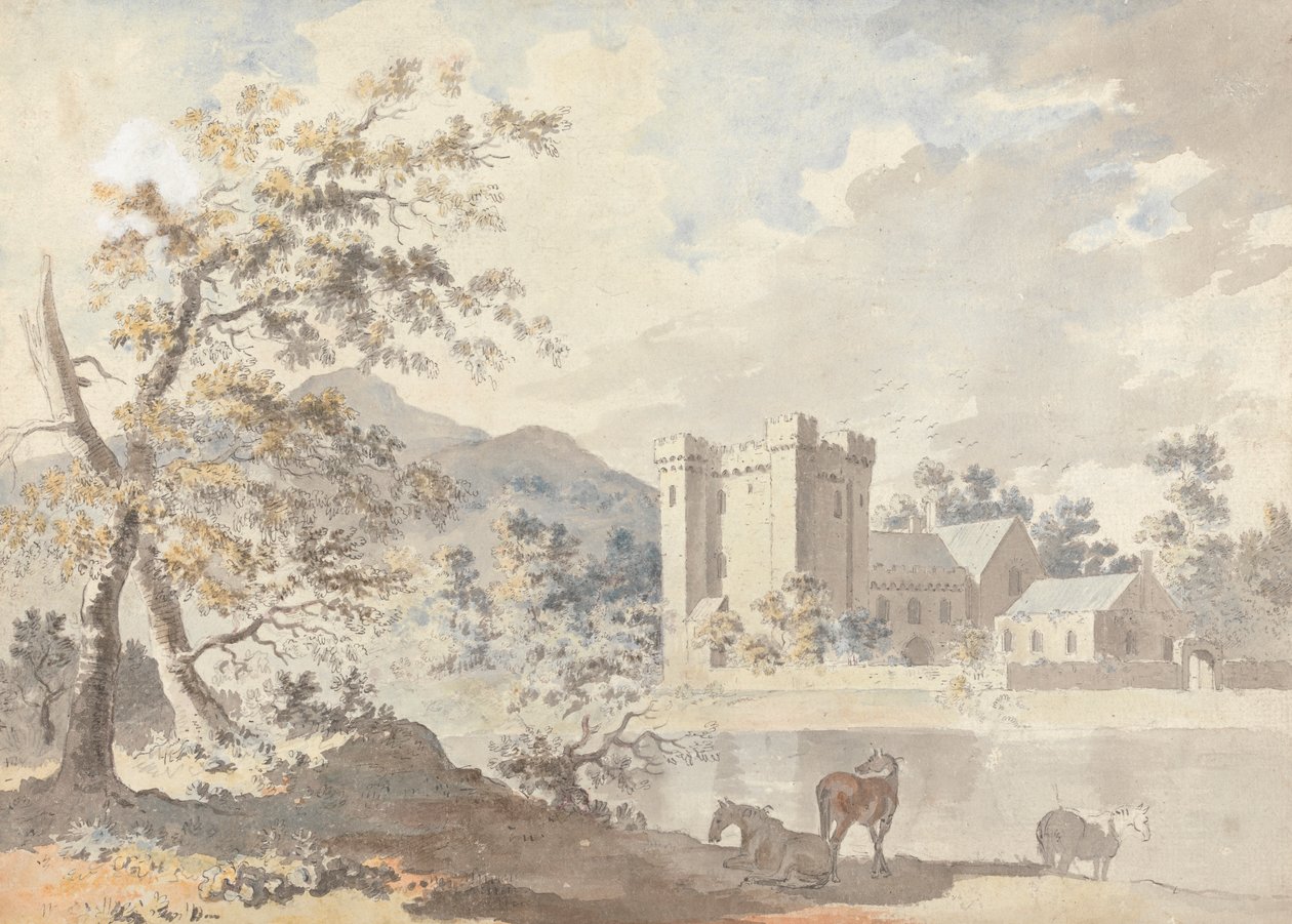 Château sous les montagnes avec des chevaux près d