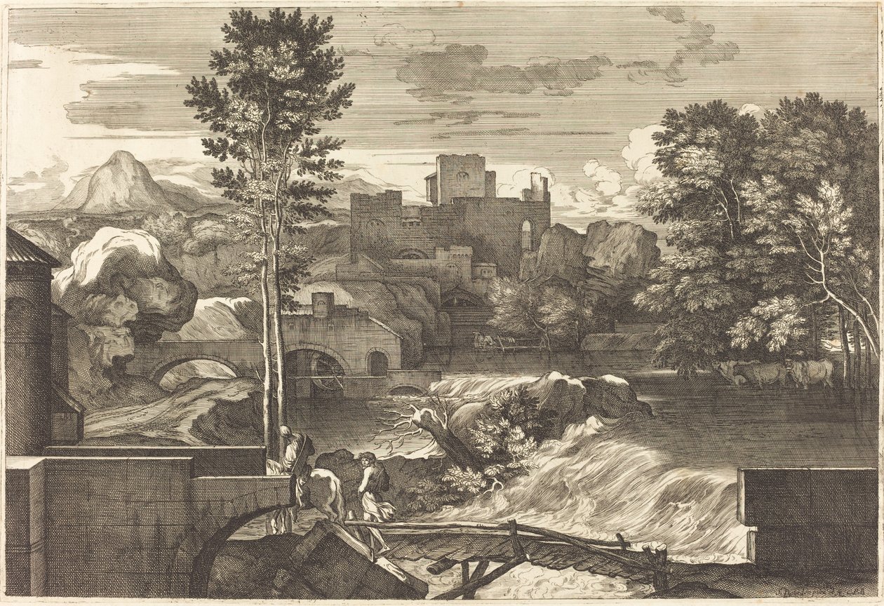 Paysage avec deux figures sur un pont - Sébastien Bourdon