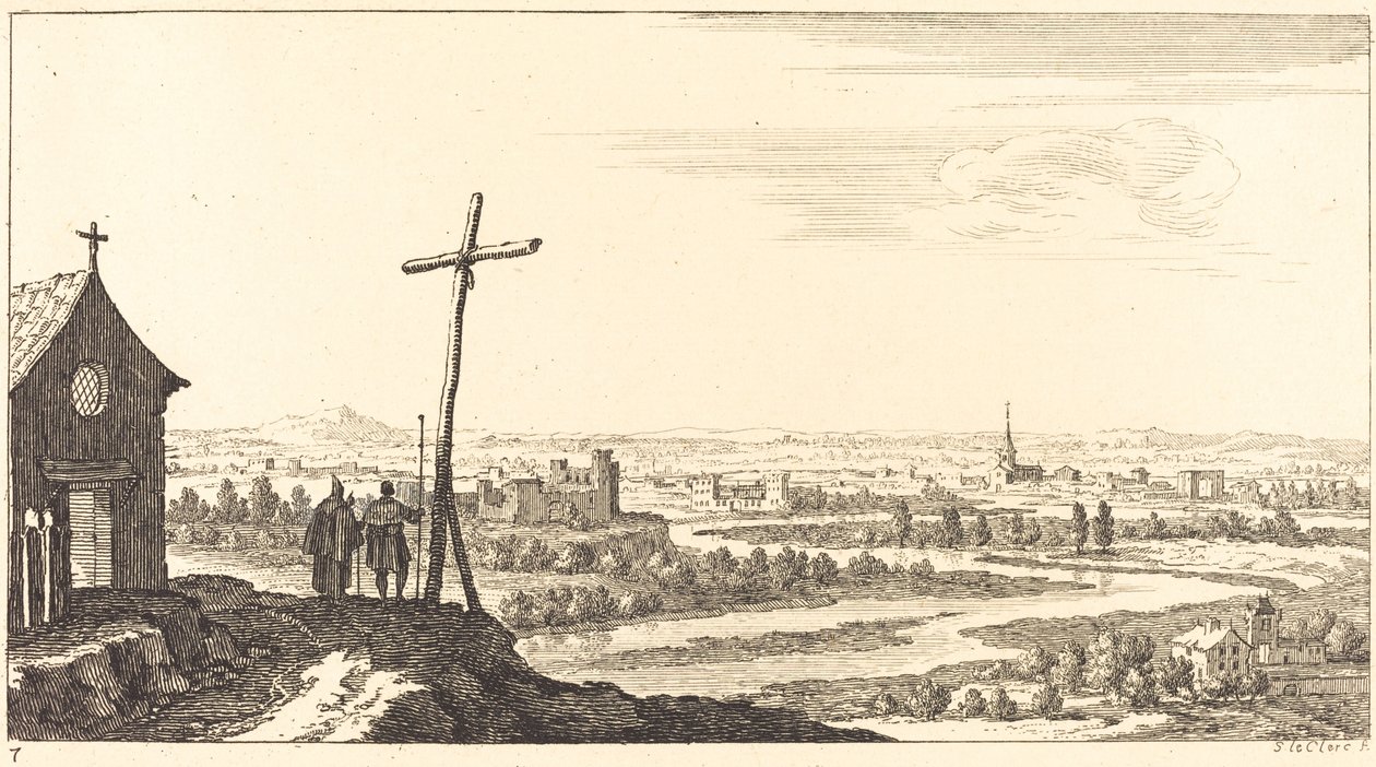 Paysage avec église et ville au loin - Sébastien  Le Clerc I
