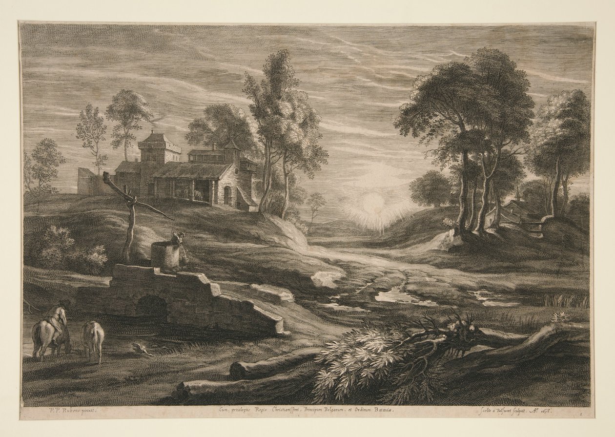 Ferme et ruisseau au coucher du soleil - Schelte Adams Bolswert