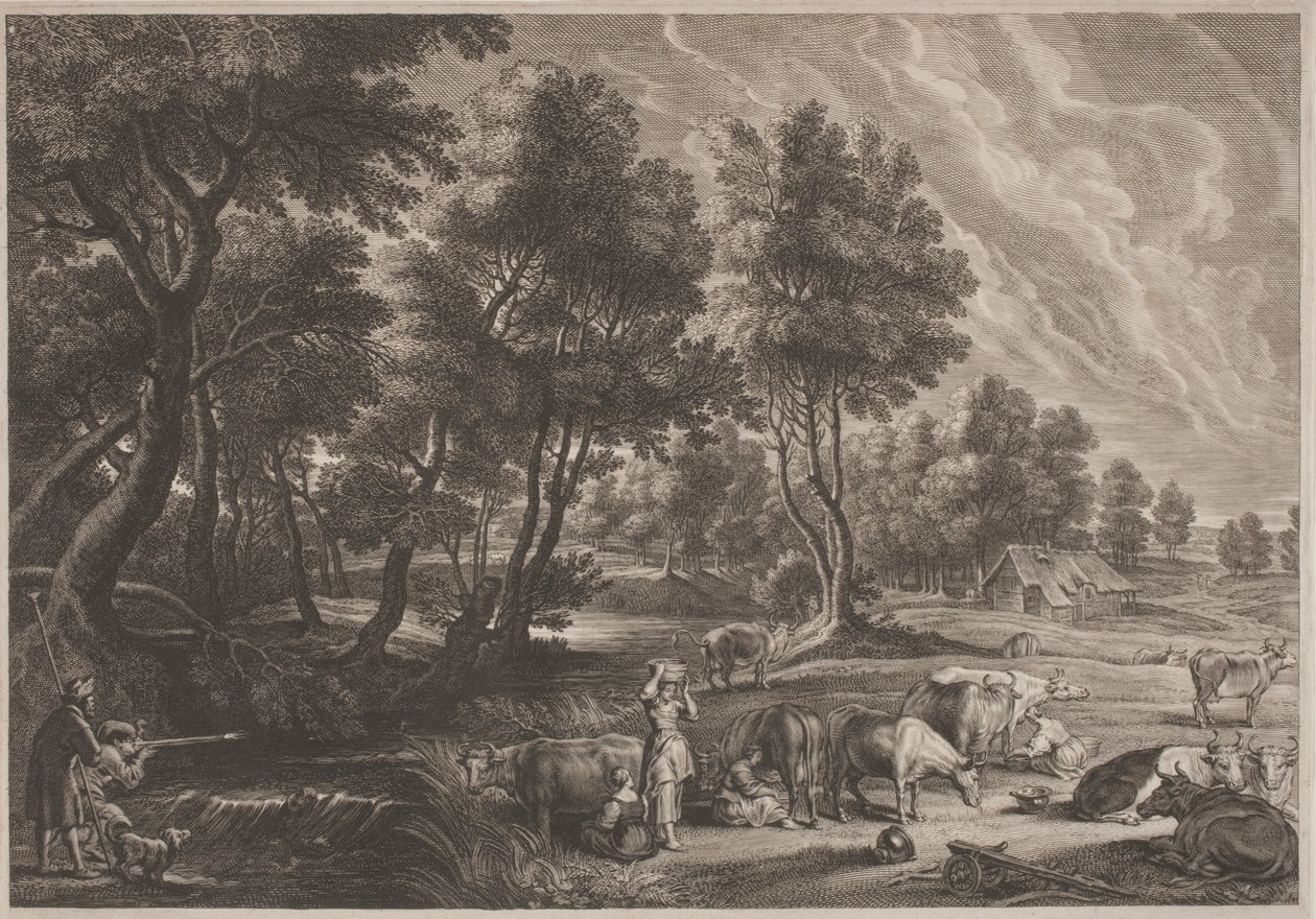 Paysage de ferme avec chasseurs et laitières - Schelte Adams Bolswert, after Sir Peter Paul Rubens