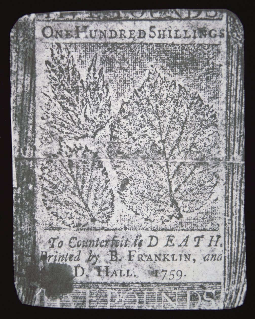 Billet de 100 shillings conçu et imprimé par Benjamin Franklin en 1759 - School American