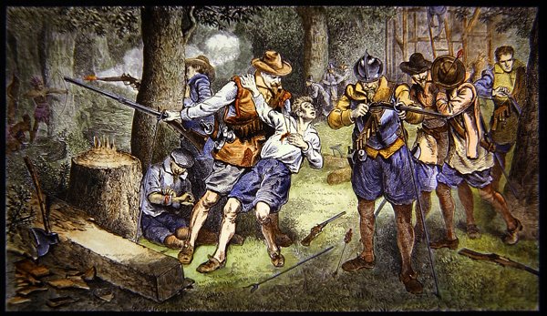 Défense de la colonie contre une attaque indienne à Jamestown, Virginie en 1607 - School American