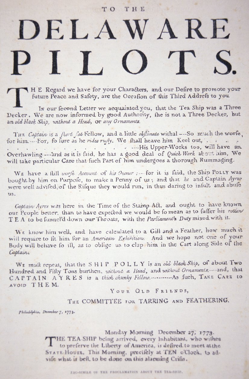 Fac-similé de la proclamation des patriotes de Philadelphie aux pilotes du Delaware les avertissant de ne pas traiter avec le navire de thé britannique, 7 décembre 1773 - School American
