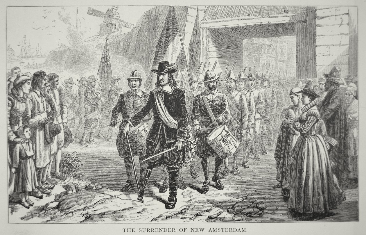 Le gouverneur Peter Stuyvesant rend New Amsterdam aux Britanniques en 1664 - School American