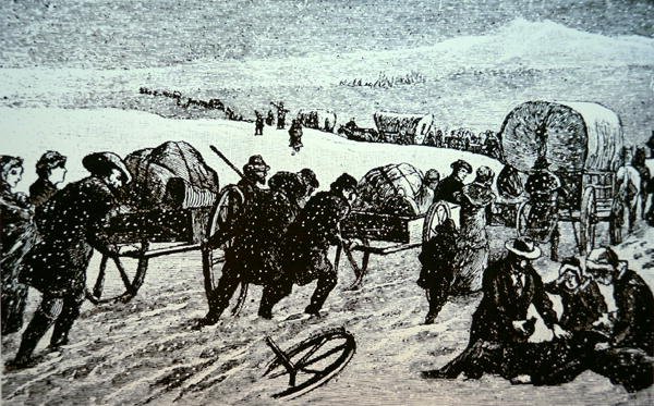Convoi de chariots mormons dans une tempête de neige en direction de Salt Lake City, Utah - School American