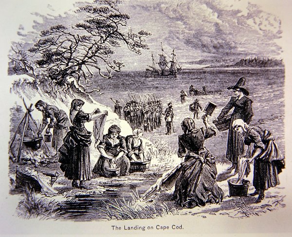 Les Pères Pèlerins débarquent en Amérique en 1620 - Le débarquement à Cape Cod montrant des femmes au travail (lithographie) - School American